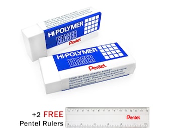 Gommes Pentel Hi-Polymer Jumbo en plastique - Blanc - Lot de 2 - Comprend 2 règles Pentel GRATUITES !