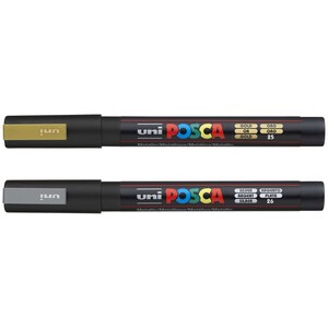 POSCA | Fine PC-3M Art Paint Marker Pens | Pack of 2 | Drawing Drafting Poster Metallic Markers | Glass Fabric Paper Metal | Gold & Silver