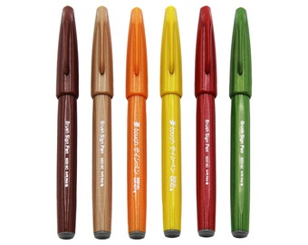Pentel Brush Sign Pen SES15C - Brush Nib - Fibre Tip - Autumn Tones - Set of 6
