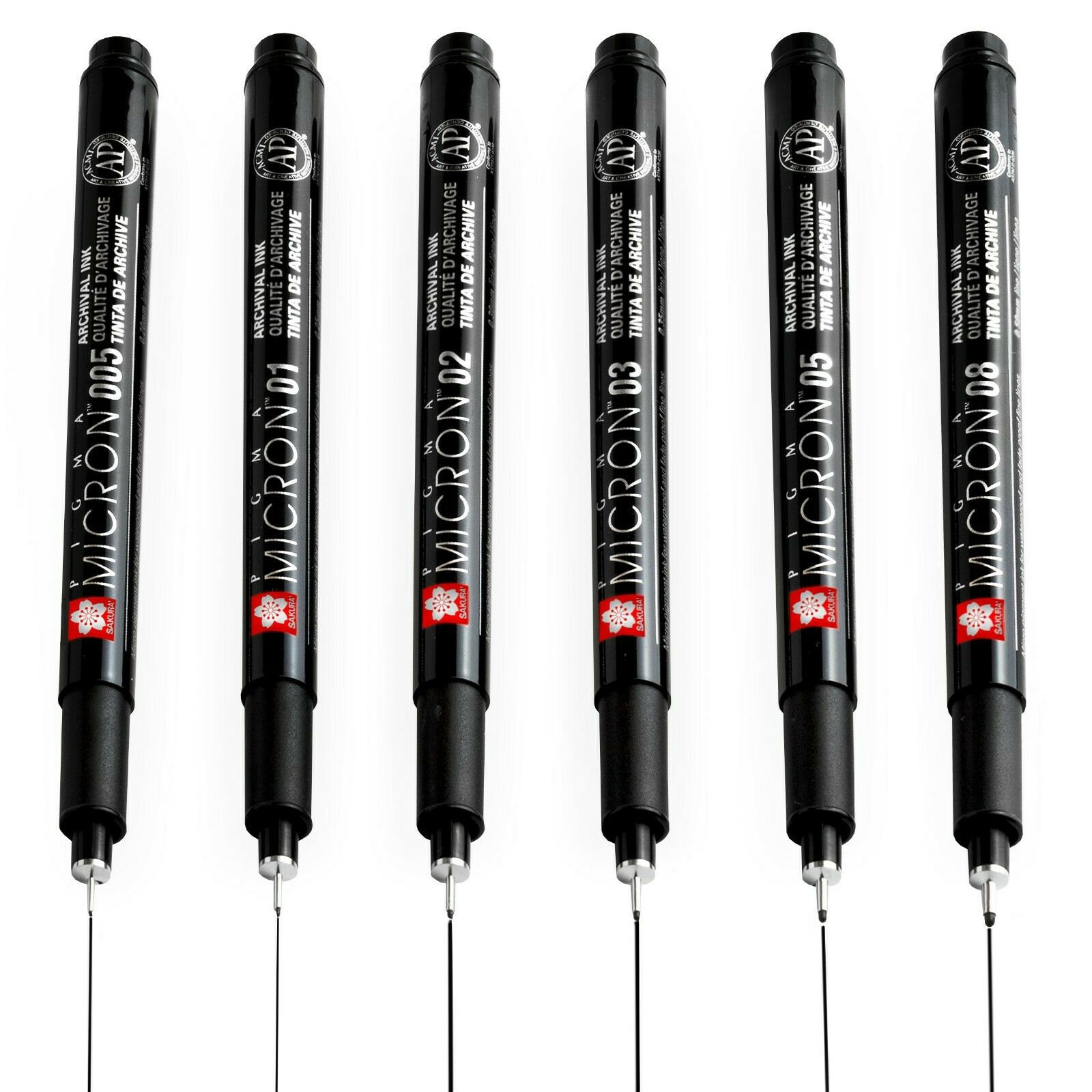 Pigma Micron Pens - Black, Sizes 005-08, Set of 6