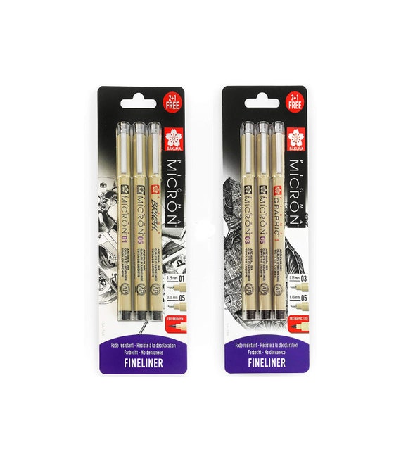 Sakura Pigma Micron Pigment Fineliner Pens 0.3/0.5mm/graphic  0.1/0.5mm/brush Black Ink Blister Pack of 6 