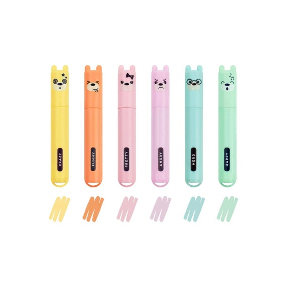 Set of 6 Mini Highlighters Legami Teddy's Style  Yellow/peach/pink/lilac/light Blue/light Green Precision Highlighting and  Underlining 