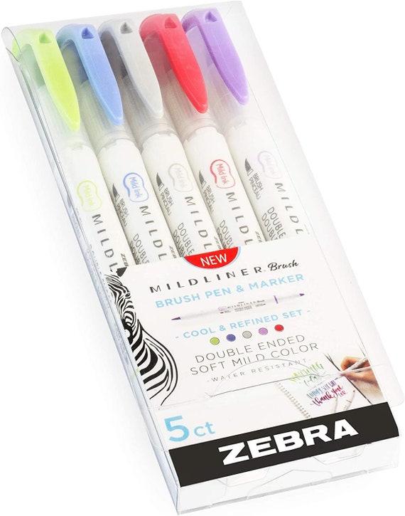 Zebra Pen Mildliner Double Ended Brush and Fine Tip Pen, Assorted Cool and  Refined Colors, 5-Count