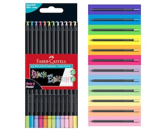 Colouring Pencils | Fabel-Castell Black Edition Neon and Pastel Colours, Set of 12 tin of 12, Multicolor | Drawing Sketching Scrapbooking