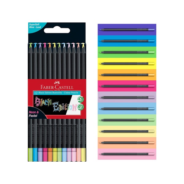 Colouring Pencils | Fabel-Castell Black Edition Neon and Pastel Colours, Set of 12 tin of 12, Multicolor | Drawing Sketching Scrapbooking