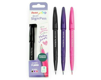 3 x Pentel Arts Brush Sign Pen SES15C - 81% Recycled Plastic - Black/Pink/Purple