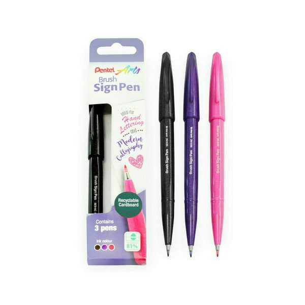 3 x Pentel Arts Brush Sign Pen SES15C - 81% Recycled Plastic - Black/Pink/Purple