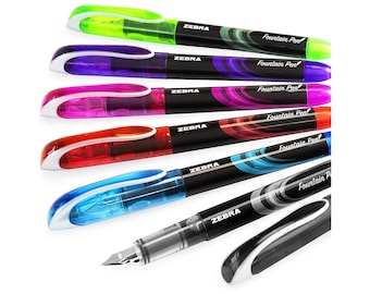 Zebra Fuente - Disposable Fountain Pen - Black, Light Blue, Red, Green, Pink, Violet - Pack of 6