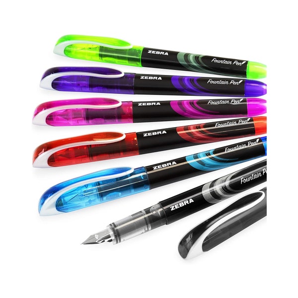 Zebra Fuente - Disposable Fountain Pen - Black, Light Blue, Red, Green, Pink, Violet - Pack of 6