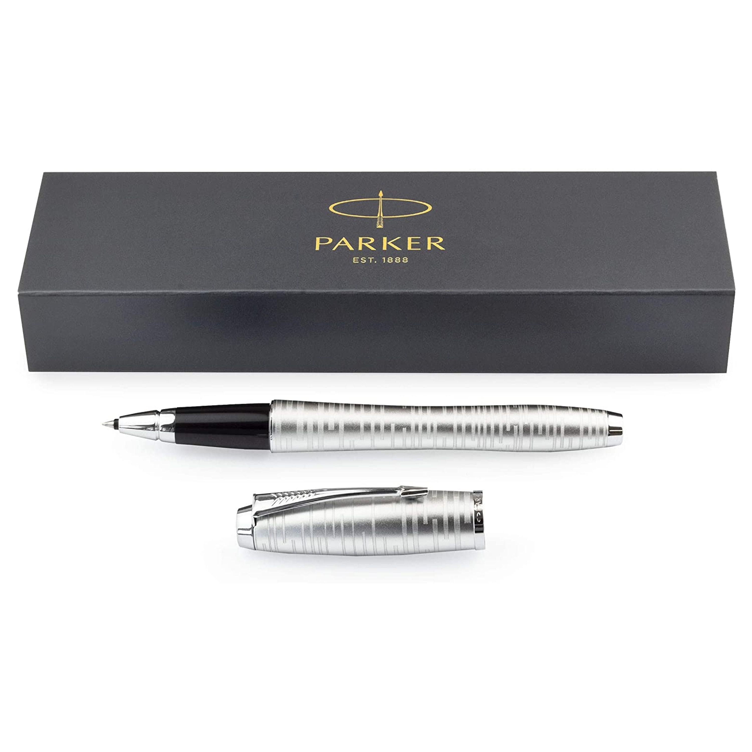 Parker Urban Premium Rollerball Pen Fine Nib Silver Blue Gift Boxed Black Ink 