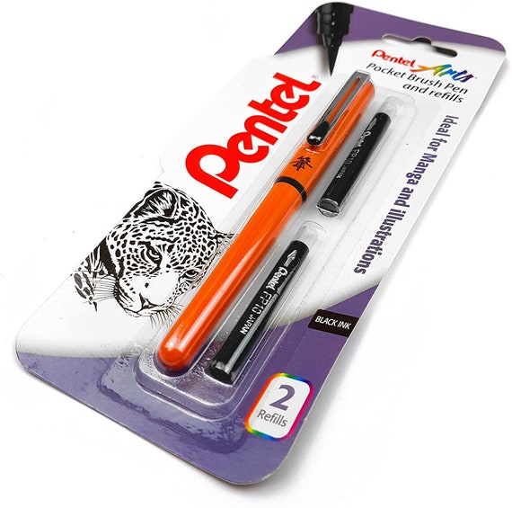 Pentel Refillable Pocket Brush Pen With 6 Black Ink Cartridges Orange  Bumper Pack 