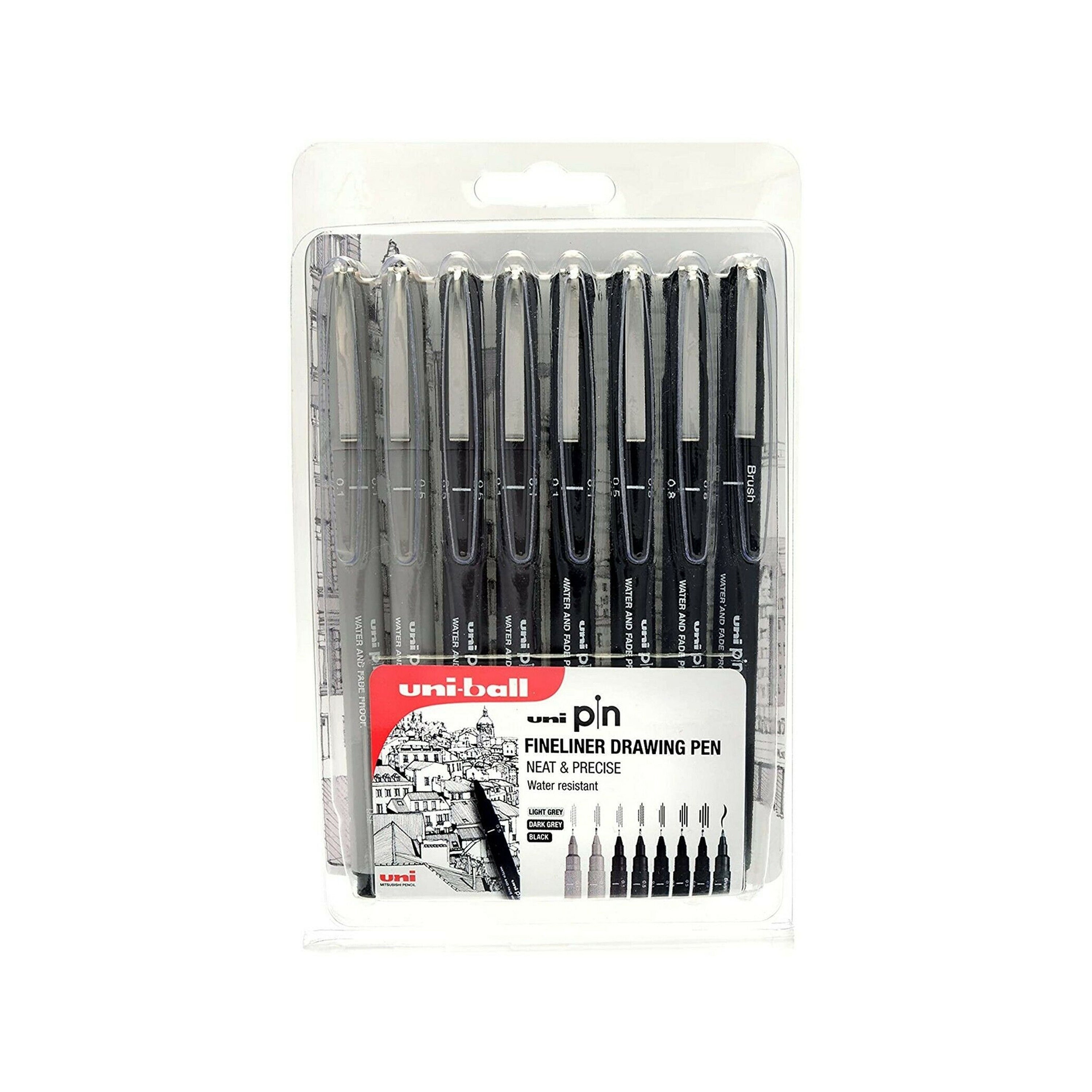 Uni Pin Fineliner Drawing Pen Set of 8, 0.1mm 0.8mm & Brush Nib 3