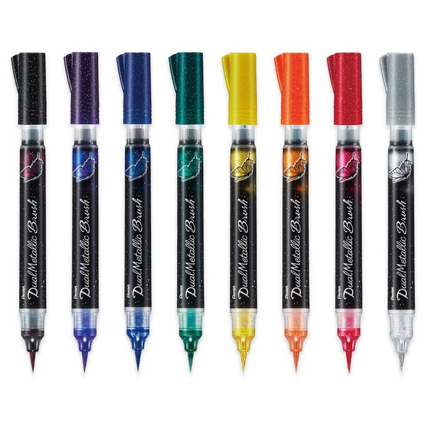 Pentel Arts Dual Metallic Brush Pens | Sparkly Glittering Pens | Two-Toned Pens | Ideal for Calligraphy & Lettering | Stationery Art Pens