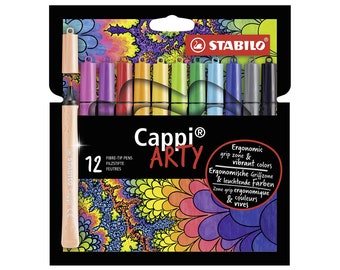 Felt Tip Pen | STABILO Cappi Felt Tip Pens | ARTY Wallet of 12 | Assorted Colours + 1 Cap Ring | Kid's Colouring | Children's Stationery