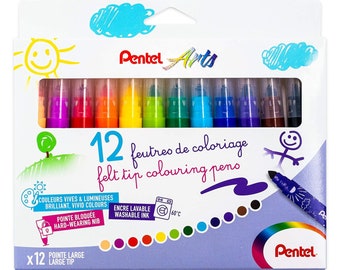 Pentel SCS3E-12 Ultra Washable Ink Felt Tip Colouring Pens | Assorted Colours | Large Broad Tip | Kids Arts and Crafts | Wallet of 8 or 12