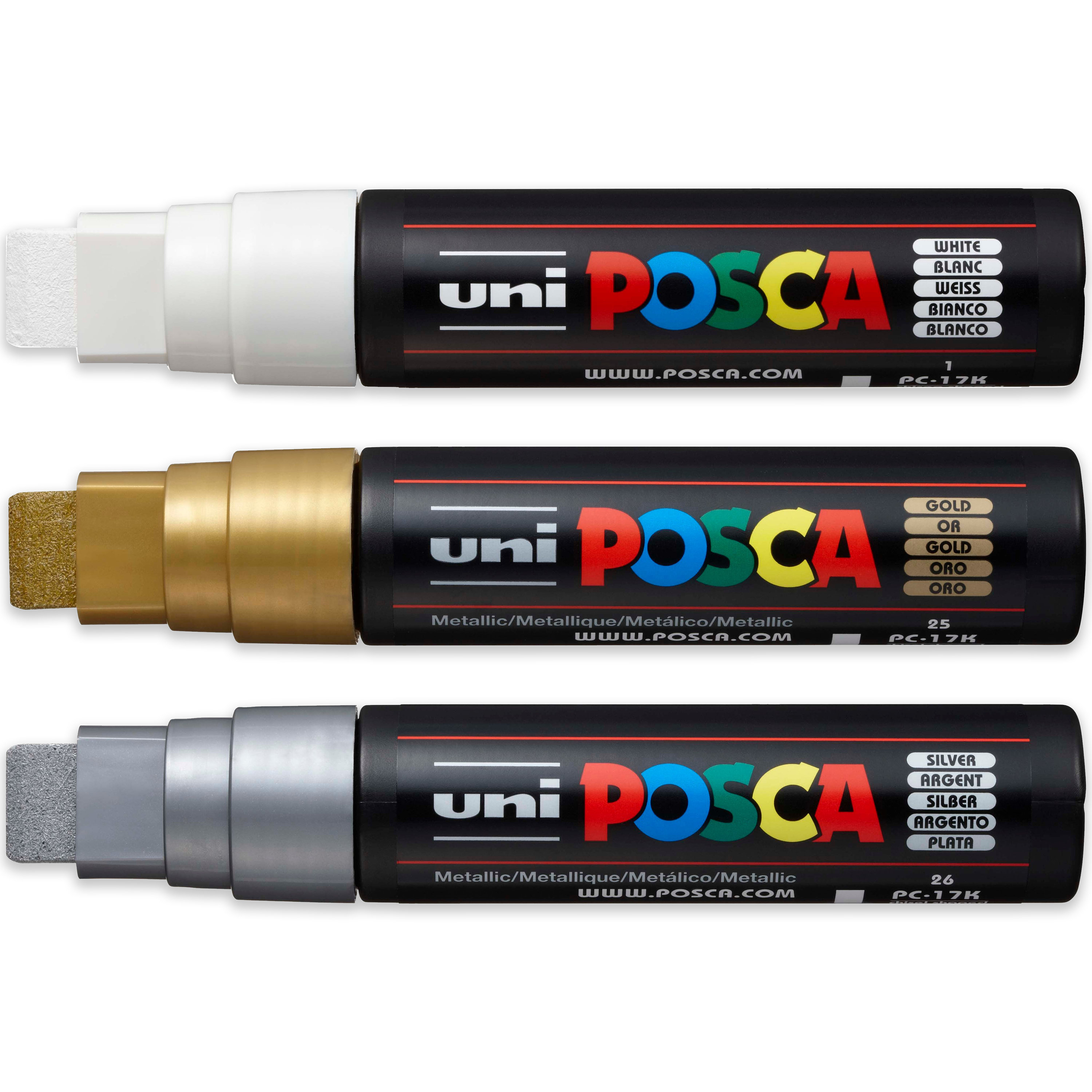 POSCA PC-17K Art Paint Marker Pens Pack of 3 XXL Chisel Tip Nib Drawing  Poster Backgrounds Coloring Markers White, Gold & Silver -  Israel