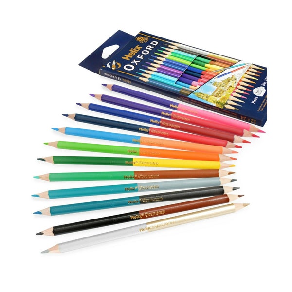 Crayons de couleur | Crayons de couleur Helix Oxford Duo | Portefeuille de 12 | 24 couleurs assorties | Idéal pour l'école, l'université, le bureau, le travail, etc.