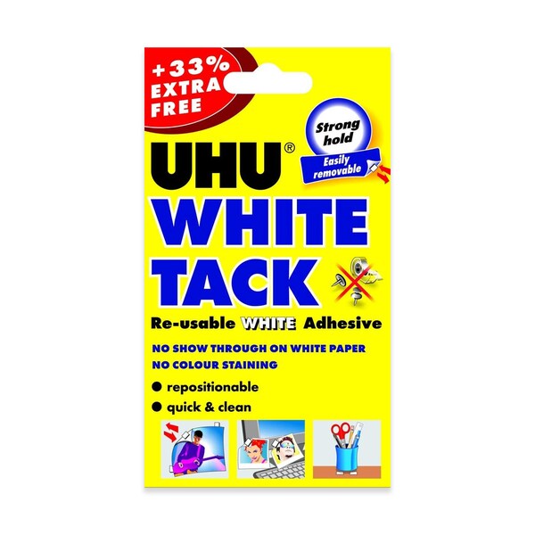 UHU White Tack / 33% Extra Free / Fijador no permanente / Strong Non Wall Marking Tack / No Mark Glue Tack / Adhesivo adhesivo reutilizable