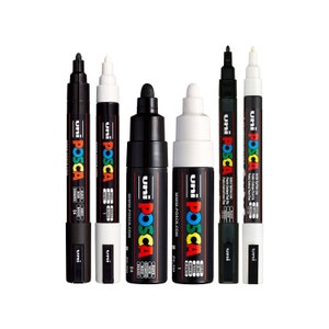 Posca Black & White Bullet Tip Paint / Glass / Stone Marker - Set of 6 Pens (PC-5M, PC-7M, PC-3M)