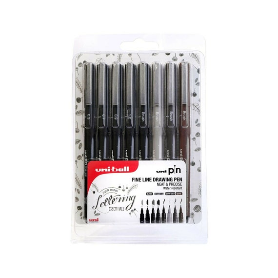 Uni Pin Fineliner Drawing Pen Set of 8, 0.3mm 1.2mm & Brush Nib 4