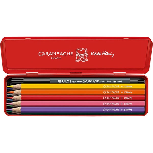 Caran d'Ache Paint Colour Set | Keith Haring Special Edition | 10 x Water-Soluble Coloured Pencils + 1 Black Fibre Tip Pen | Collector's Tin