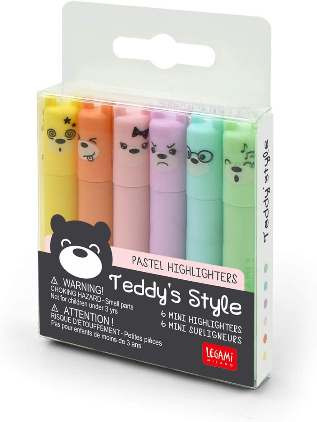 Set of 6 Mini Highlighters Legami Teddy's Style Yellow/peach/pink