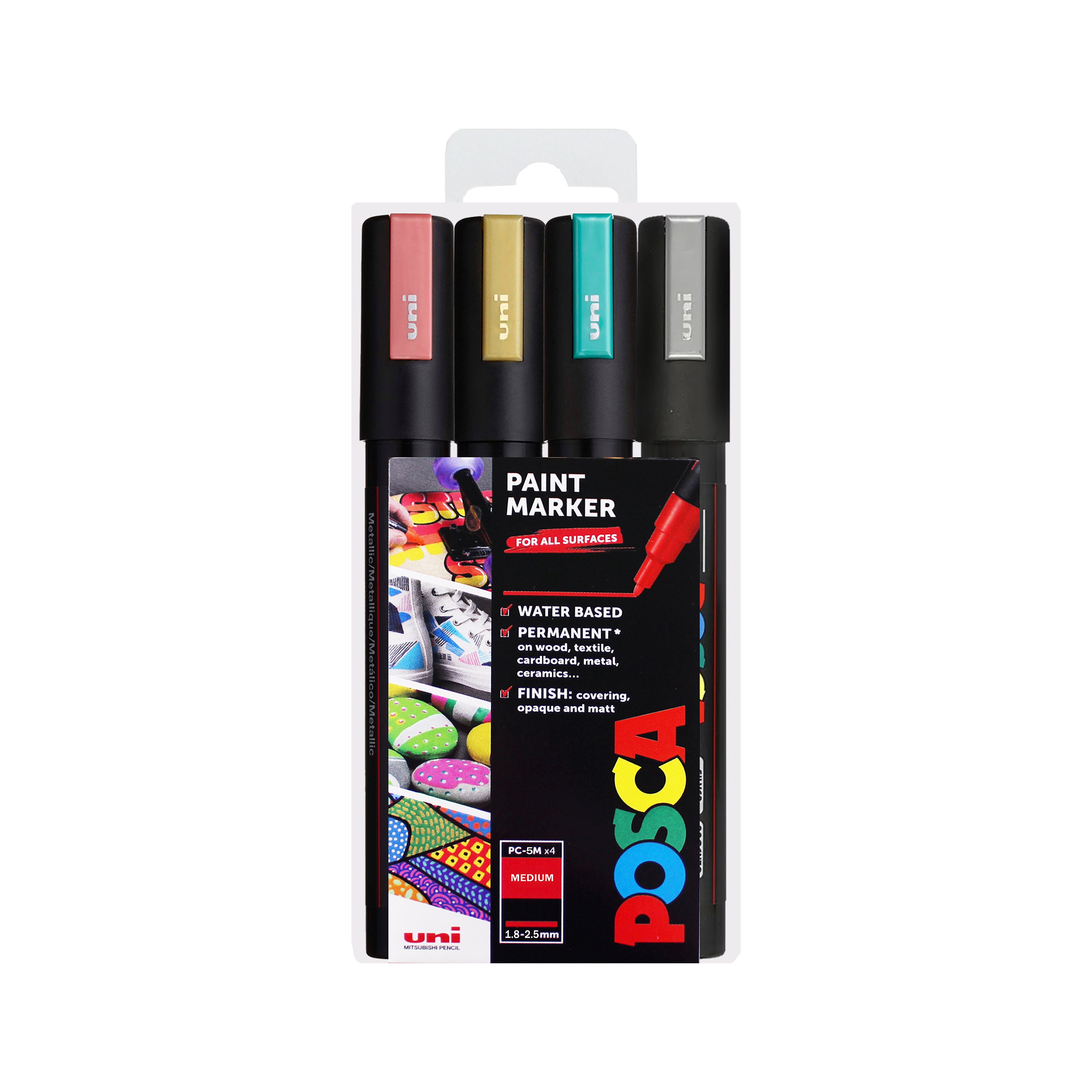 POSCA / Rotuladores de pintura artística medianos PC-5M / Juego de regalo de  4 / Otoño metálico / Marcadores para colorear de carteles de dibujo / Rojo,  dorado, verde y plateado -  España