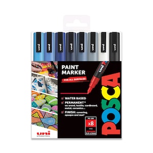 POSCA | Fine PC-3M Art Paint Marker Pens | Gift Set of 8 | Cool Tones | Drawing Poster Coloring Markers | Light Blues, Blues, White & Black