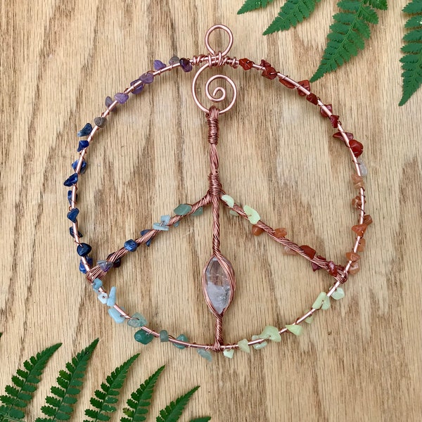 Gemstone Peace Sign: Recycled Copper Wire Wall Decor Rainbow Suncatcher