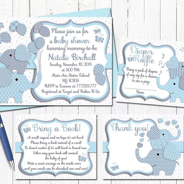 Elephant baby shower printable invitation set baby boy digital invite with inserts thank you bring a book Diaper Raffle card Blue grey
