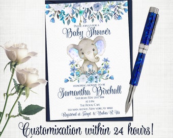 Elephant Baby shower invitation floral birthday party invite for boy custom printable invitation with navy blue white roses boho digital