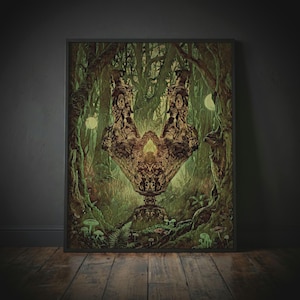 Criatura surrealista en un bosque encantado • Arte mágico botánico de críptidos • Decoración ecológica fantástica e imprimible