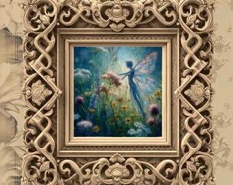 Vintage-style Blueberry Fairy in Summer Meadow | CottageCore Fantasy Oil Painting | Fairycore Kitchen Decor Instant Download