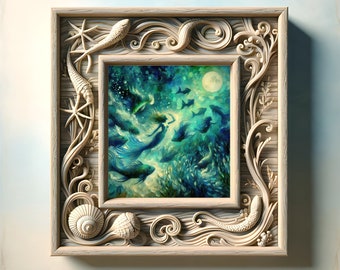 Moonlit Mermaid Under the Sea Print | Impressionist Printable Artwork | Mystical Fantasy Home Decor Square Art