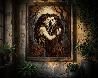 May include: A framed wall art print depicting two figures with long dark hair and pale skin, wearing brown ruffled Victorian-style clothing, embracing in a forest setting with a warm, golden light illuminating the scene from behind the trees.