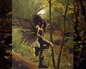 Goth Fairy Painted Photograph on Canvas |  WhimsiGoth Forest Wall Art  | Dark FairyCore Bedroom Decor