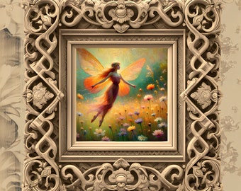 Vintage-style Tangerine Fairy in Summer Meadow | CottageCore Fantasy Oil Painting | Fairycore Kitchen Decor Instant Download