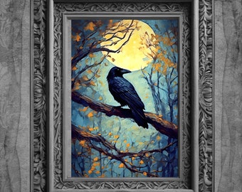 Witchy Moonlight Crow Watercolor Painting | Impressionist-style Printable Moody ClipArt for DIY Crafts | Instant Download Decor