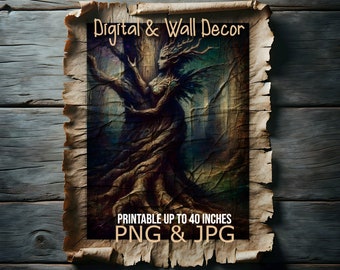 Enchanted Oak Dryad Painting: Moody Gothic Art with Jewel Tones | Academia JPG for Witchy Wall Art and PNG for DIY Crafts or Phone Decor