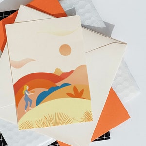 Illustration naïve et colorée d'une jeune femme déclarant son amour devant un paysage de montagne du Béarn