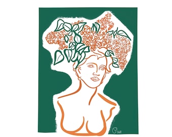 Portrait au trait simple très coloré sur fond vert d'un buste de femme antique avec une couronne de fleurs de lilas