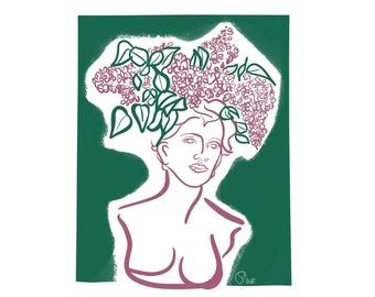 Simple and very colorful line portrait on a green background of a bust of a woman with a crown of lilac flowers