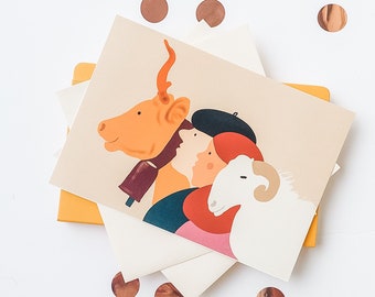 Illustration naïve et colorée de personnages béarnais, un berger, une bergère, une vache béarnaise et une brebis "Profils béarnais 1"
