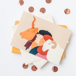 Illustration naïve et colorée de personnages béarnais, un berger, une bergère, une vache béarnaise et une brebis "Profils béarnais 1"