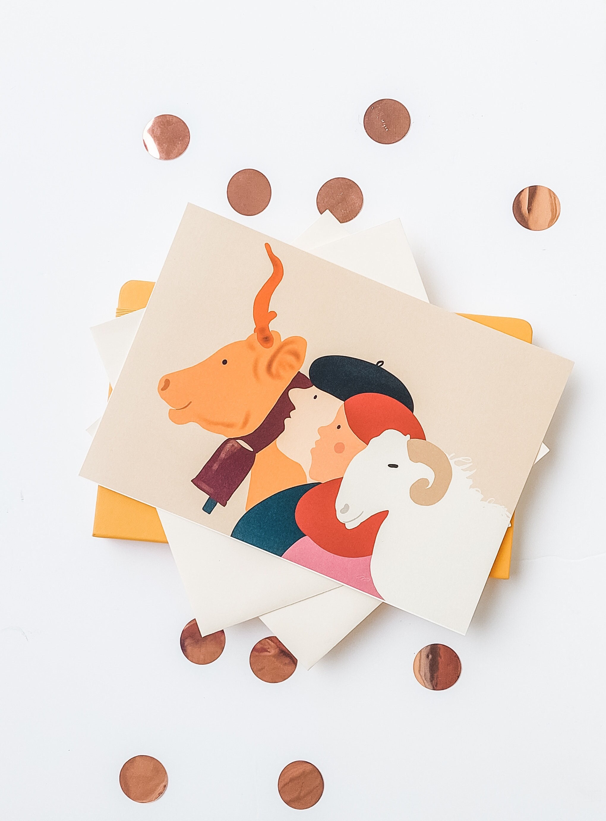 Illustration Naïve et Colorée de Personnages Béarnais Comprenant Un Berger, Une Bergère, Vache Béarn