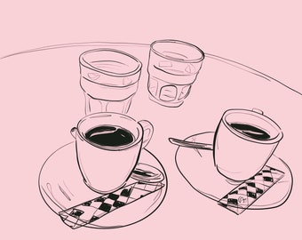 Affiche rose ou vanille minimaliste illustrant une pause au café avec des tasses et des verres dessinés au trait