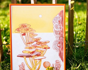 Affiche colorée représentant des champignons dans un style vintage