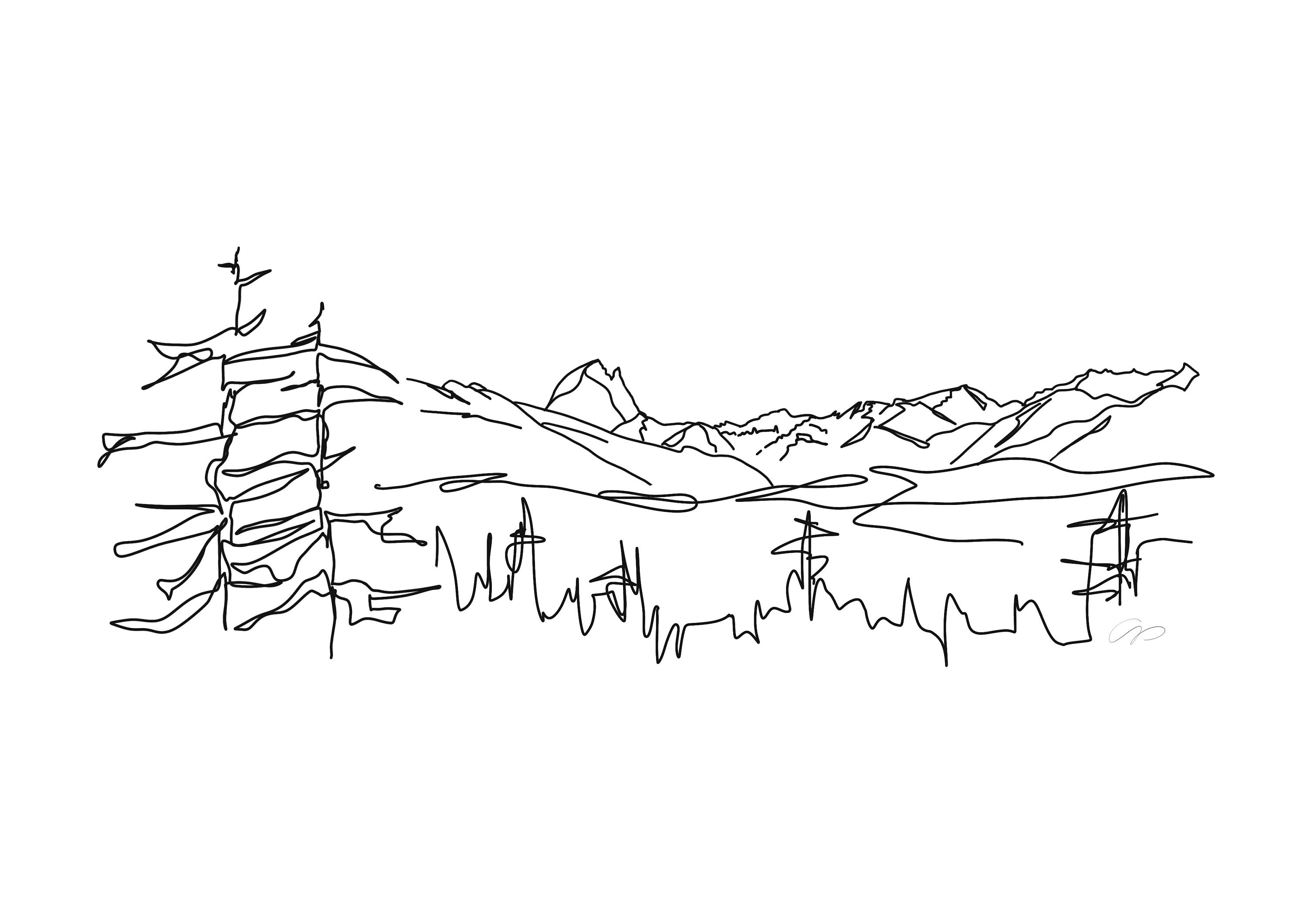 Affiche Représentant Un Paysage Pyrénéen avec Le Pic Du Midi d'ossau Dessiné Au Trait