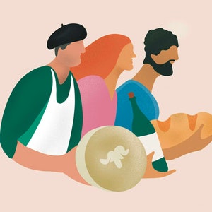 Illustration colorée représentant  un berger béarnais et son fromage de brebis, une viticultrice et un boulanger "Profils béarnais 2"