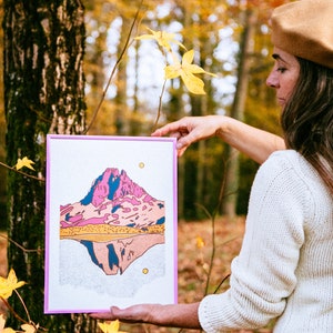 Affiche rose du Pic du Midi d'Ossau dessiné avec son reflet dans le lac d'Ayous